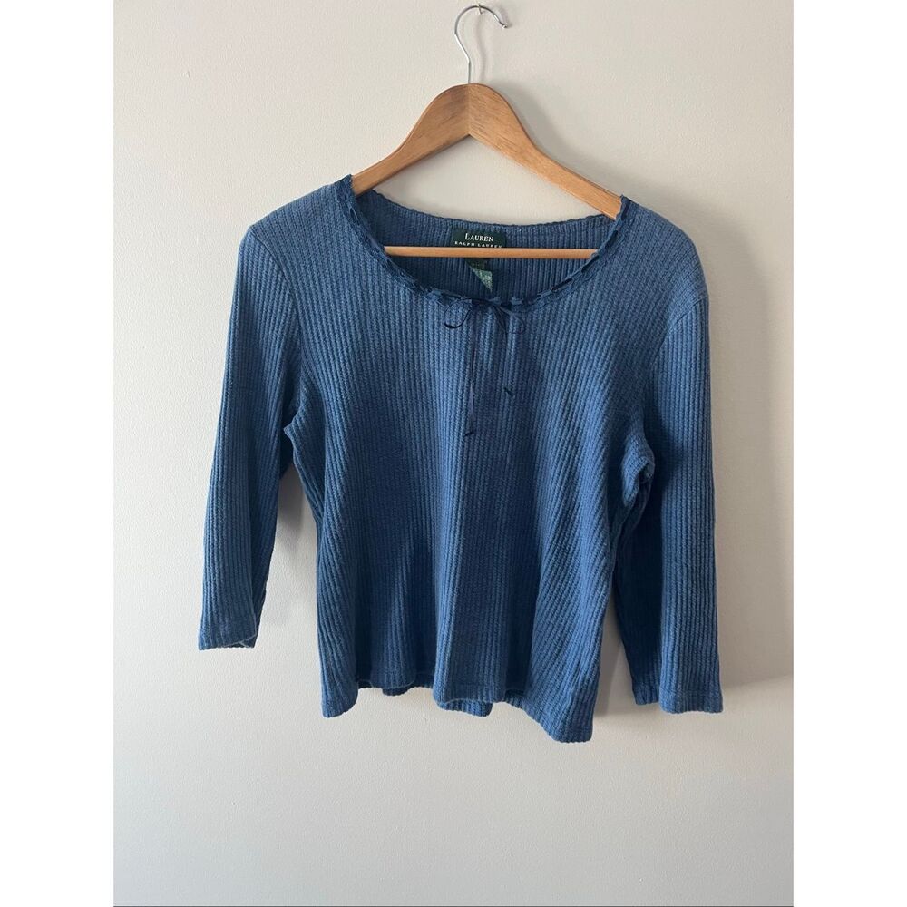 Lauren Ralph Lauren Blue Waffle Knit y2k 100% Cotton blouse L Lace Trim coquette - Picture 3 of 8
